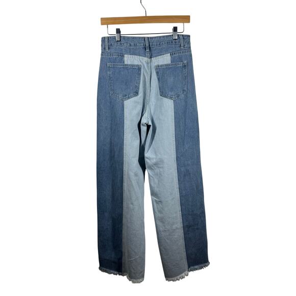 Women Jeans Size M Denim Patch Wide Leg Baggy Raw Hem Oversized Grunge Boho Pant - Picture 2 of 8